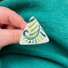 Handmade Ceramic Triangular Leafy Fern brooch, Hand Made Badge