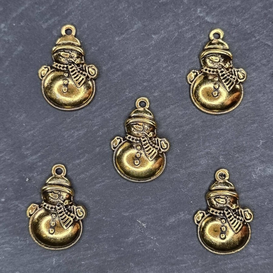 5 antique gold tone snowman charms