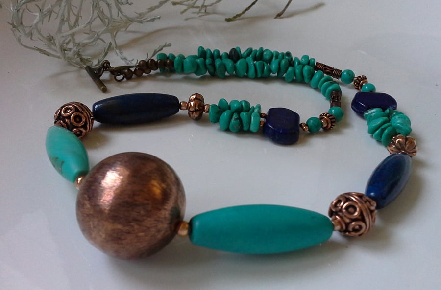 Lapis Lazilu & Turquoise (Rec;) Copper Statement Necklace
