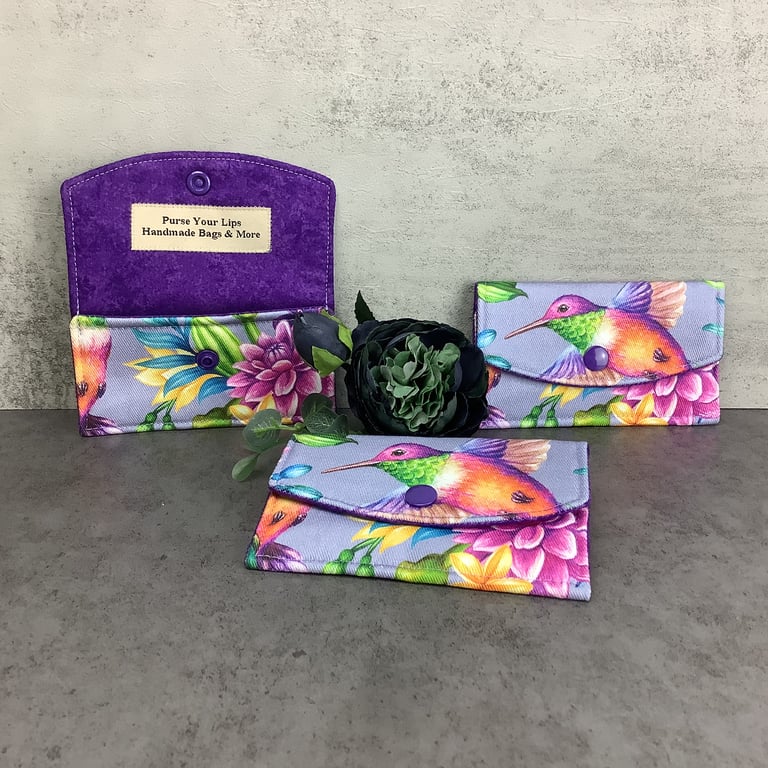 Hummingbirds card case, Floral travel pass holder, Handmade