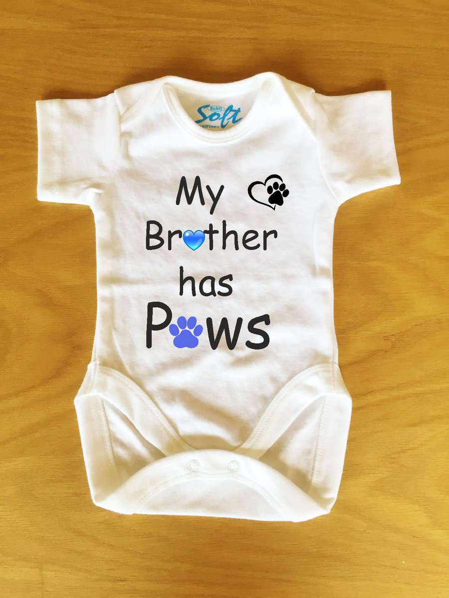 Baby Vest, My Brother or My Sister has Paws, personalised with Pink or Blue Paw 