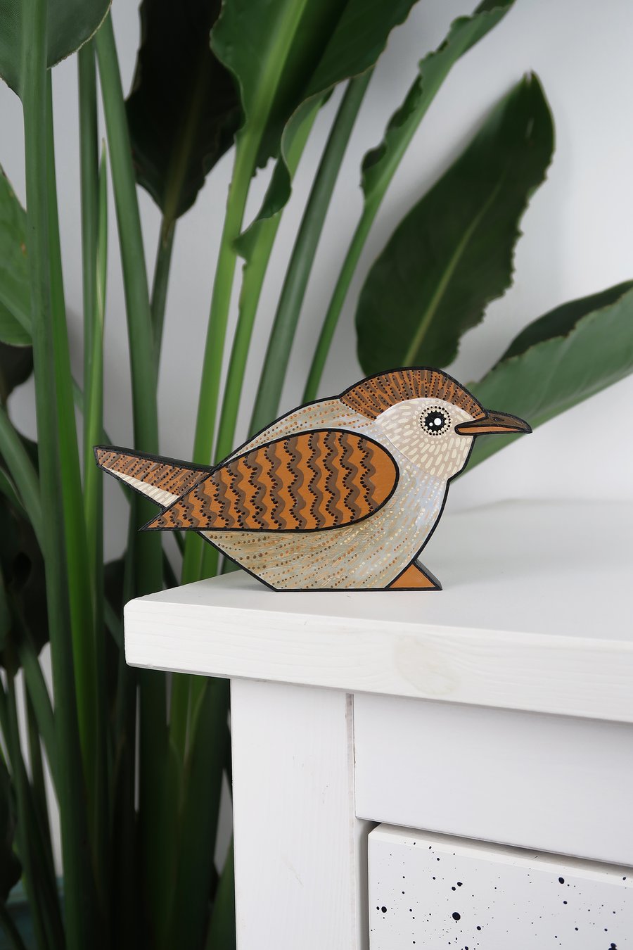 Wooden wren bird ornament, hand painted decoration for british bird lovers.