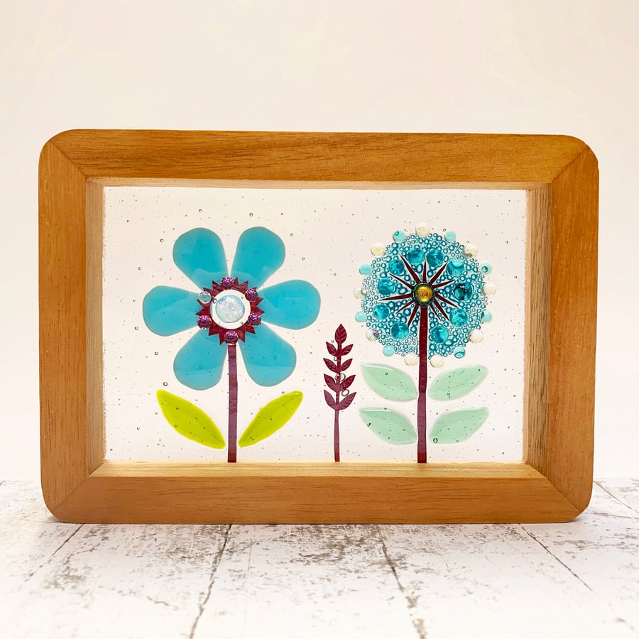 Fused Glass Blue Daisy Picture - Freestanding Framed Fused Glass Picture