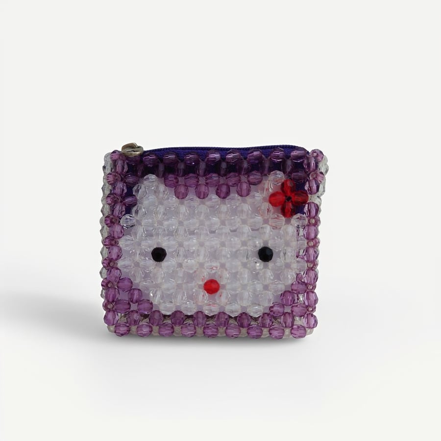 Amethyst Kitty Beaded Zipper Pouch or Coin Purse