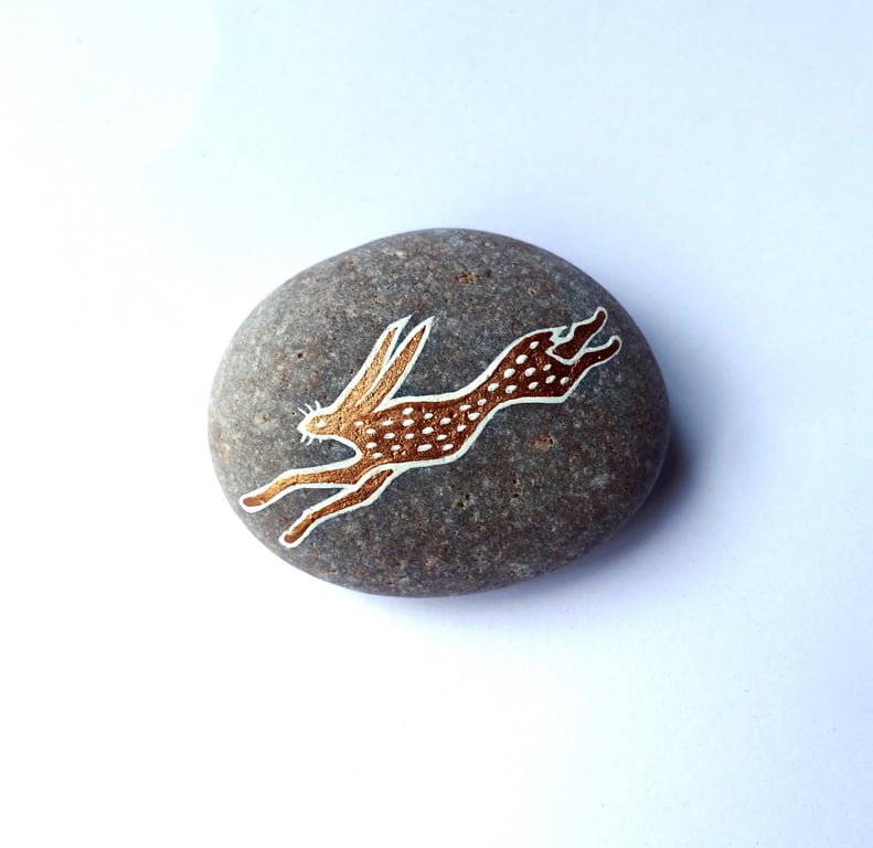 Copper Hare Stone, Handpainted River Rock Art Ornament, Cute Animal Gifts