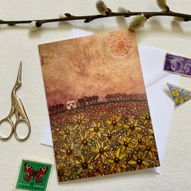 Hazy Summer Sunflowers, blank greetings card 