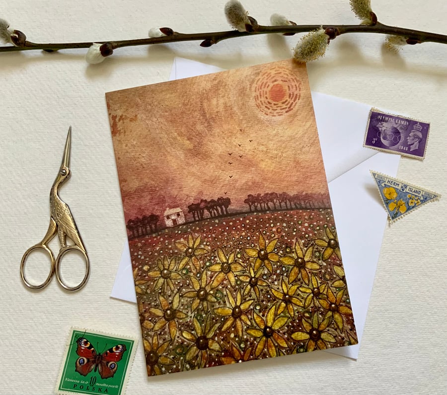 Hazy Summer Sunflowers, blank greetings card 