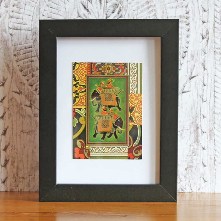 Mini collage art card: Elephants on green