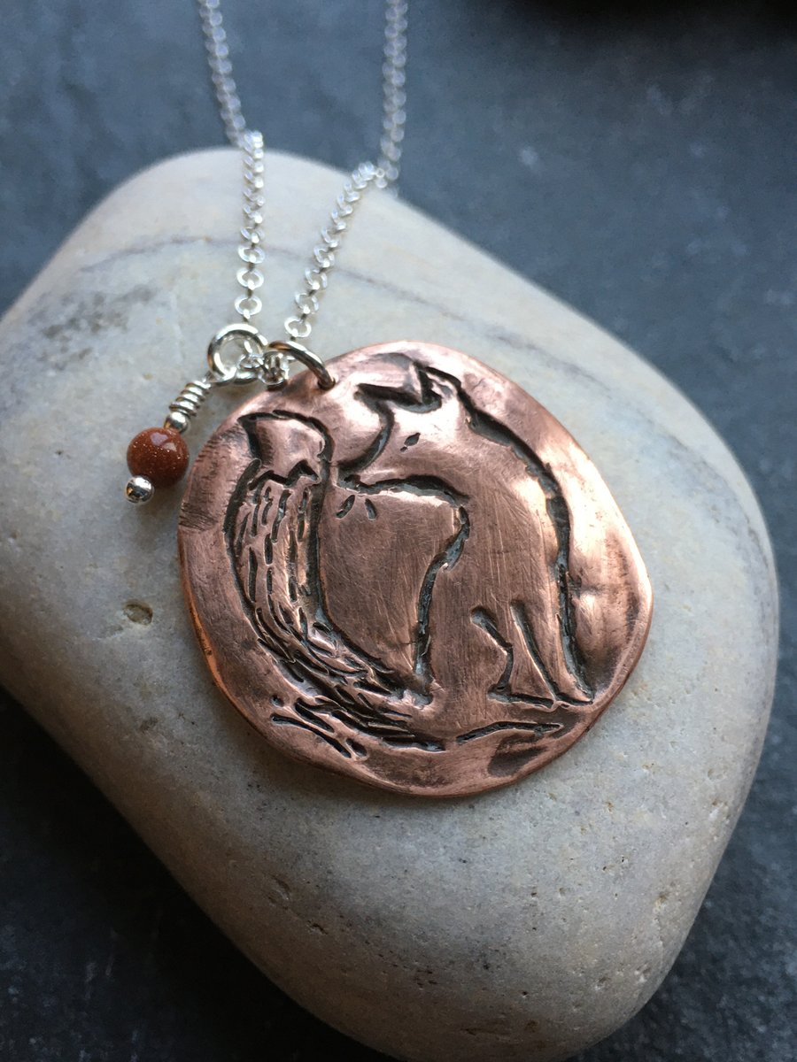 Copper fox pendant with sterling silver 