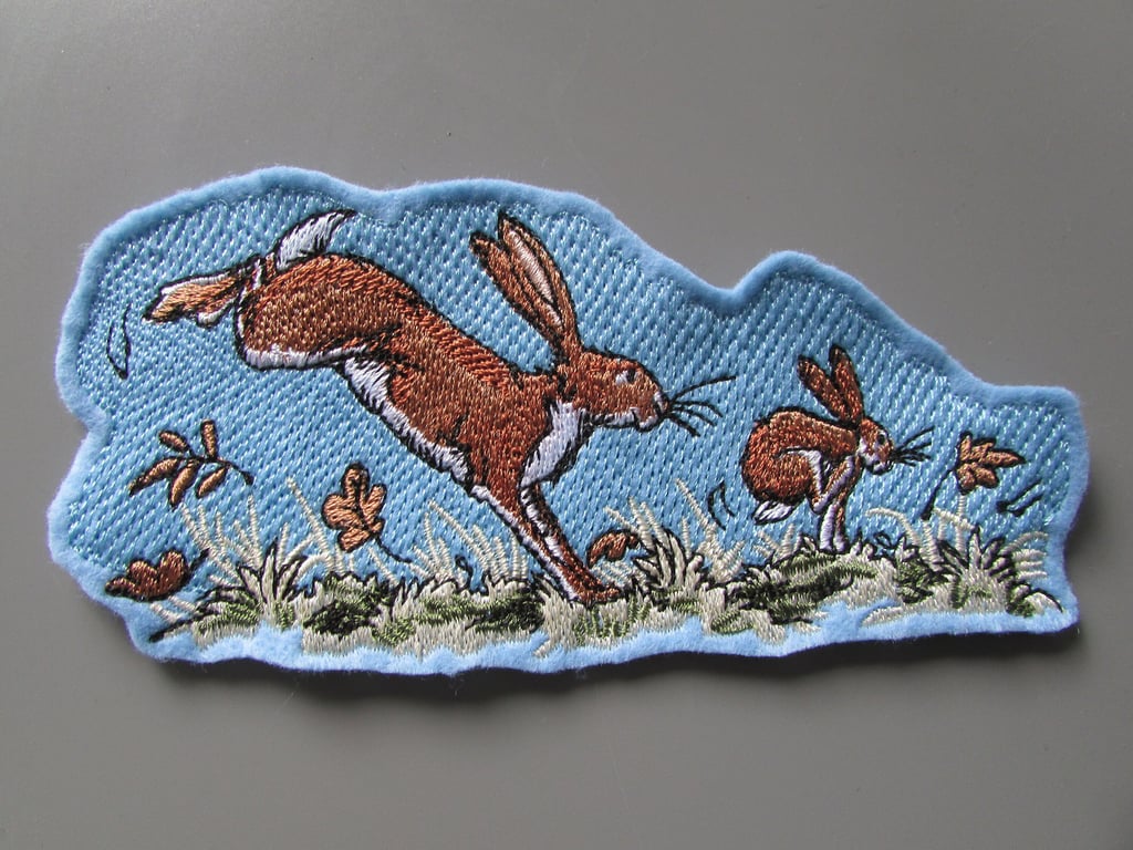 Bunnies chasing leaves Embroidered Sew on Applique Patch