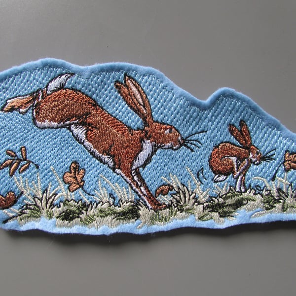 Bunnies chasing leaves Embroidered Sew on Applique Patch