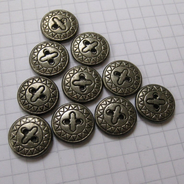 10 Small Flat Patterned Silver Metal Buttons