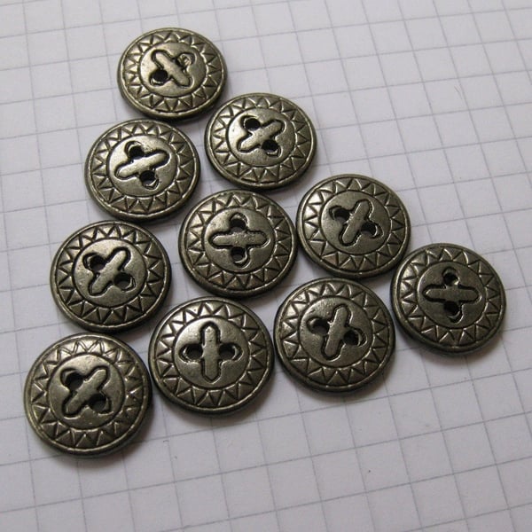 10 Small Flat Patterned Silver Metal Buttons