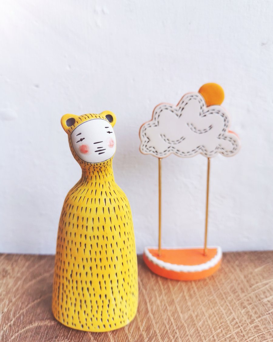 Ceramic miniature figurine - Peculiar Bear Person in Golden Yellow no. 1