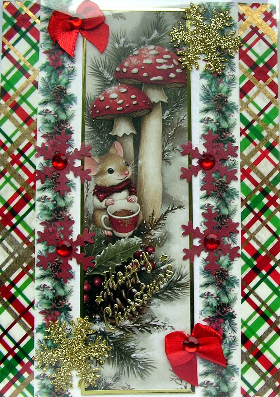 Hand Crafted Decoupage Chistmas Card - Happy Christmas (3236) Mouse & Toadstool