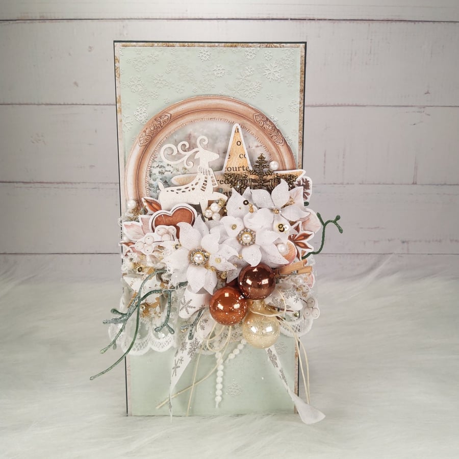 Handmade Christmas Card in Ecru Window Box. Elegant Festive Card(22)