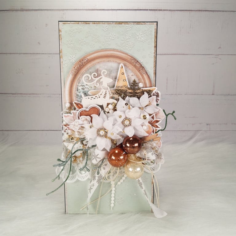 Handmade Christmas Card in Ecru Window Box. Elegant Festive Card(22)