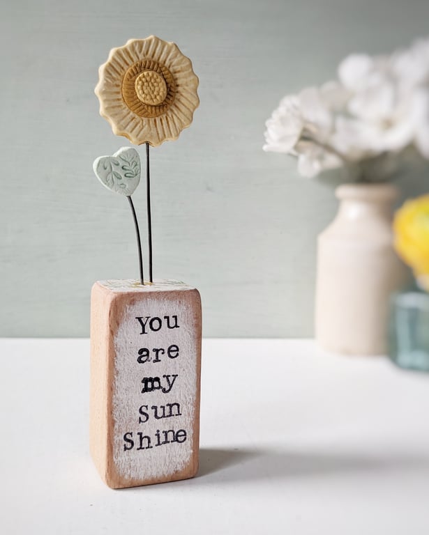 Clay Sunshine in a Wood Block 'You are my Sunshine'