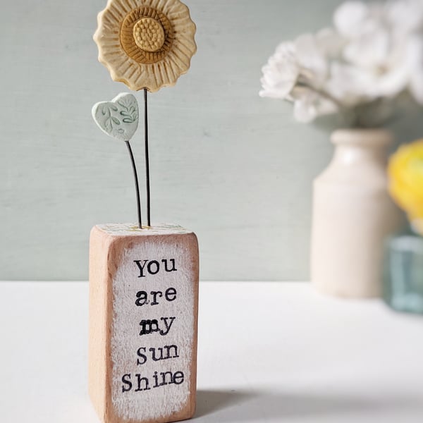 Clay Sunshine in a Wood Block 'You are my Sunshine'