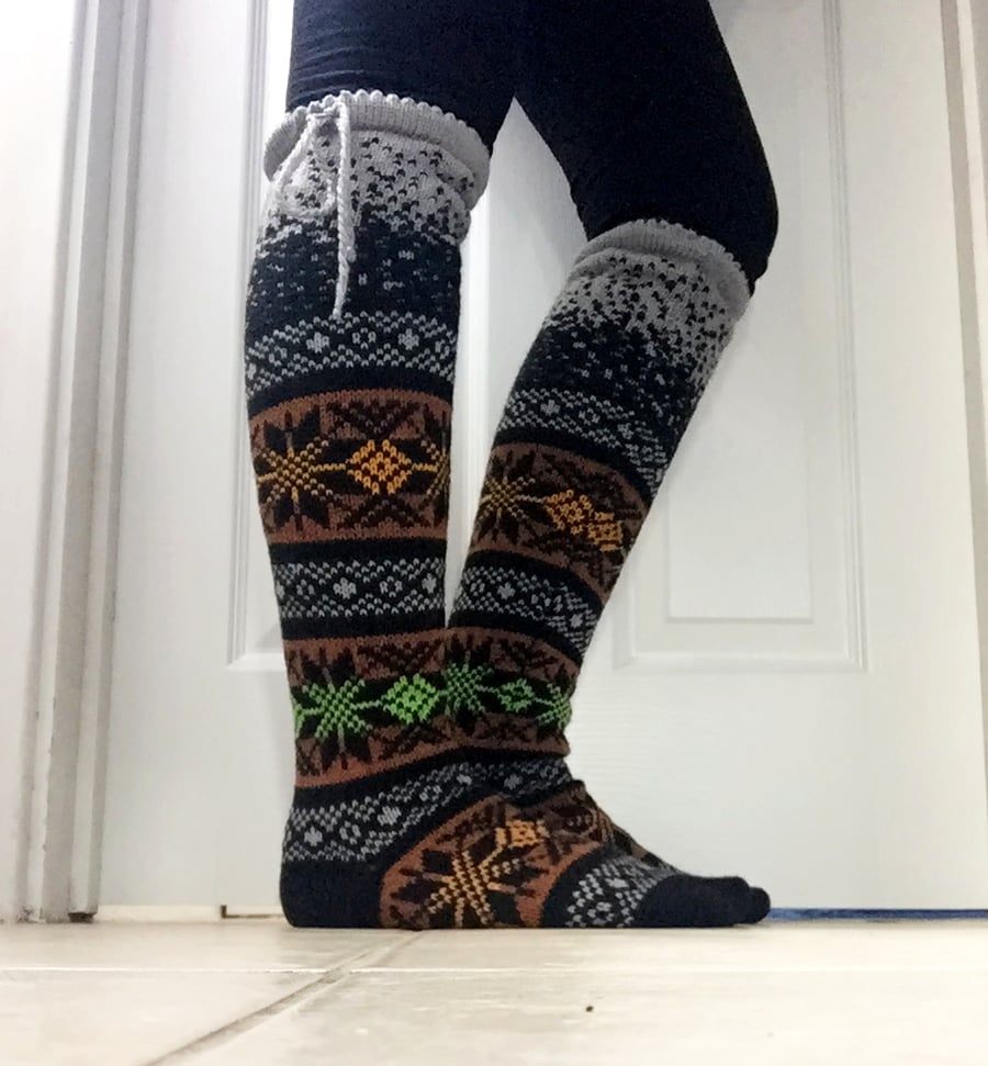 READY TO SHIP Knee Length Knitted Socks Festive Nordic Winter  Fairisle 
