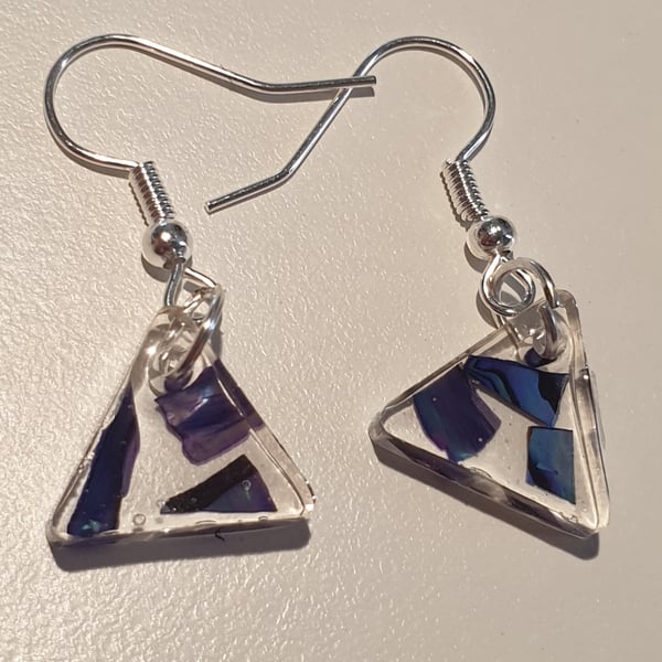 Triangle blue mother of pearl resin earrings