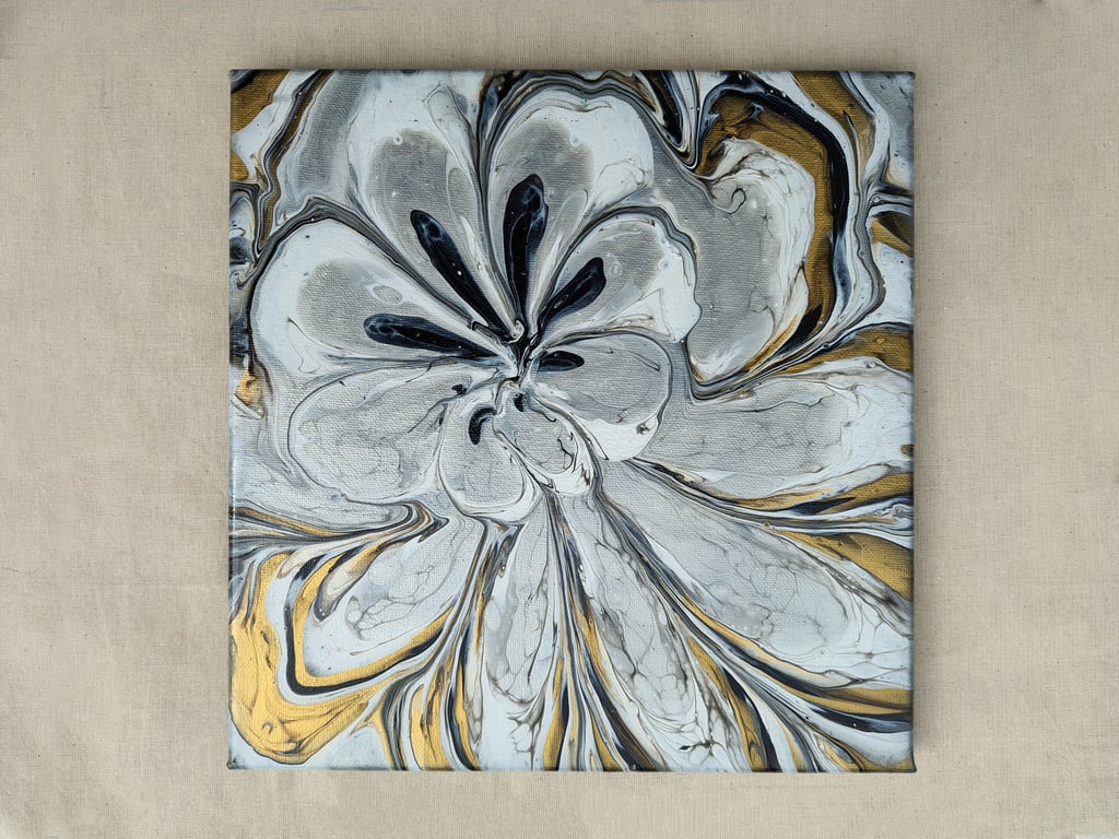 Acrylic Pour Art Canvas, Wall Art - Gold, Silver and White Colour Scheme