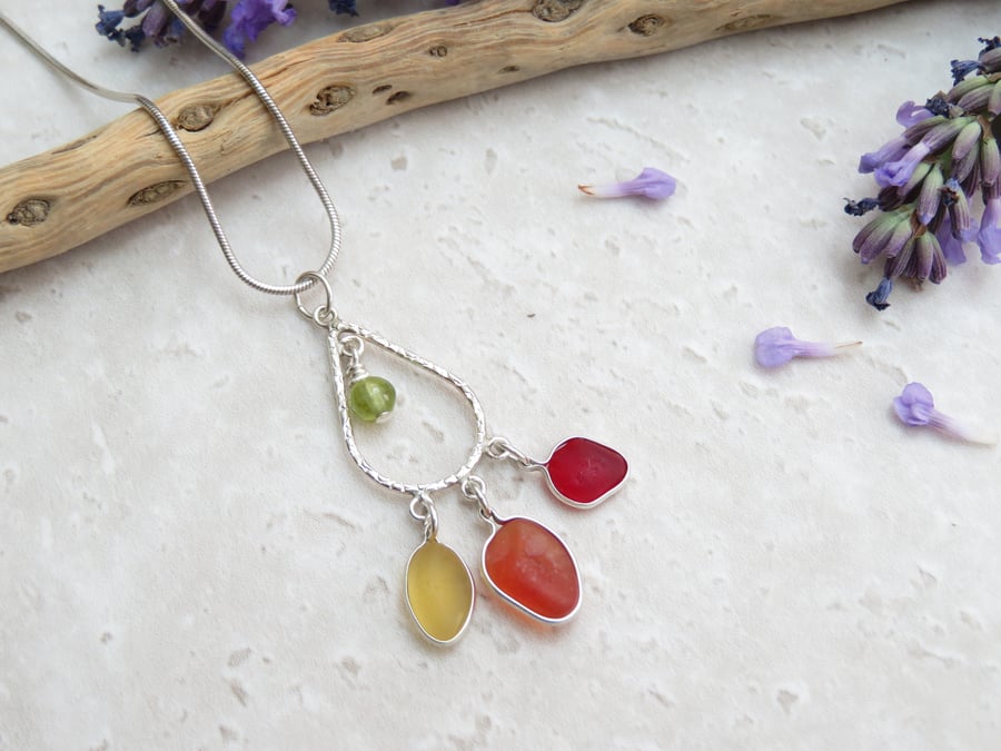 Red Orange Yellow Trio Seaham Sea Glass Silver Necklace with Peridot Charm 
