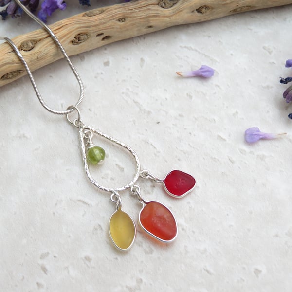 Red Orange Yellow Trio Seaham Sea Glass Silver Necklace with Peridot Charm 