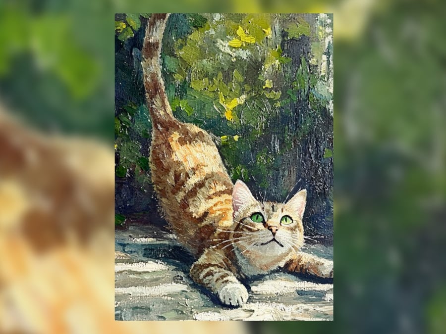 Playful Cat Art, Expressive Oil Artwork of a Curious Tabby 5"x7" Matte Print
