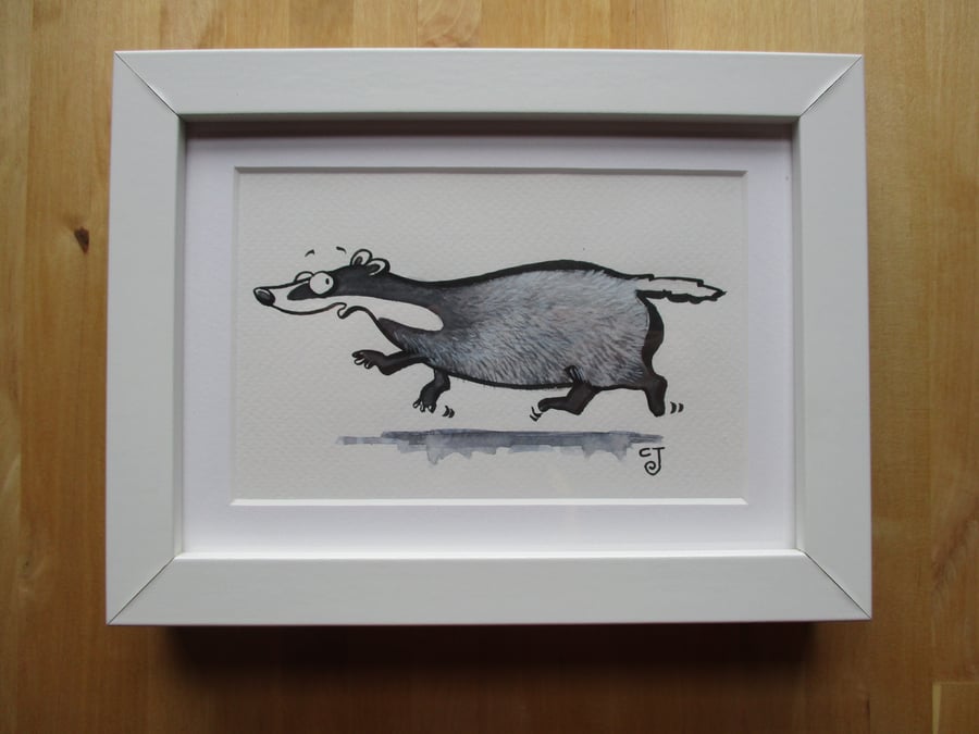 Tiny Art: Badger – original art, framed watercolour painting
