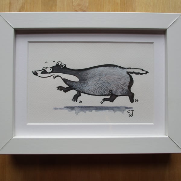 Tiny Art: Badger – original art, framed watercolour painting