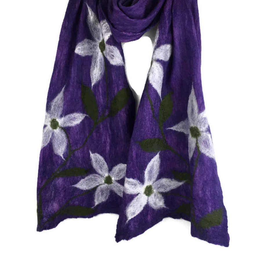 Merino wool scarf, nuno felted floral scarf in purple