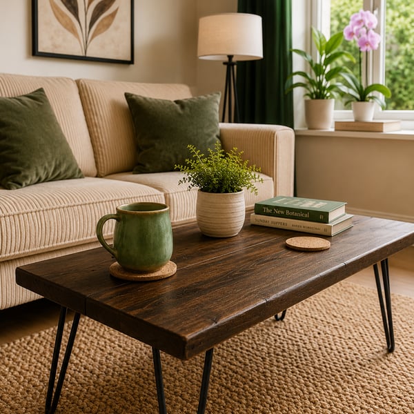 Handmade Rustic Solid Wood Coffee Table with Metal Hairpin Legs