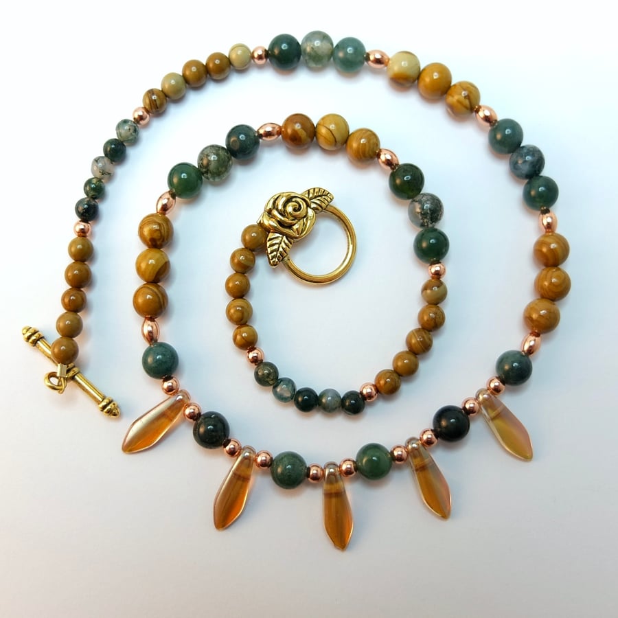 Moss Agate, Wood Lace Agate, Copper And Glass Necklace - Handmade In Devon