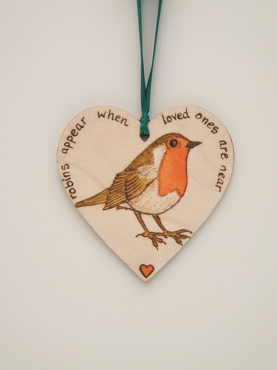 Robin wooden heart  hanging decoration - robins appear when loved ones are near
