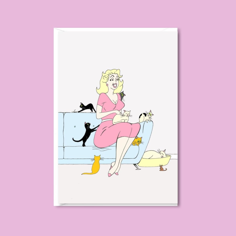 Crazy Cat Lady Greetings Card and Envelope with Fifties Graphic Style Artwork