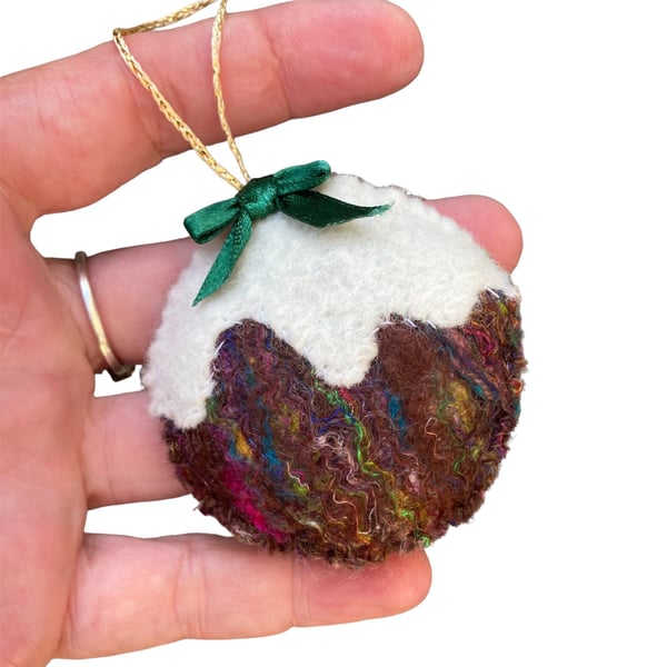 Christmas pudding hanging decoration, hand felted wool & silk fibres