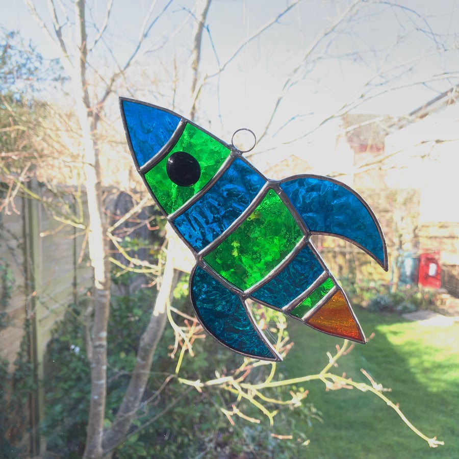 Stained Glass Rocket Suncatcher - Handmade Hanging Decoration  - Petrol Blue