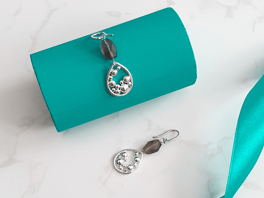 Sterling Silver Smokey Quartz Earrings With Handmade Teardrop Bubbles Charm