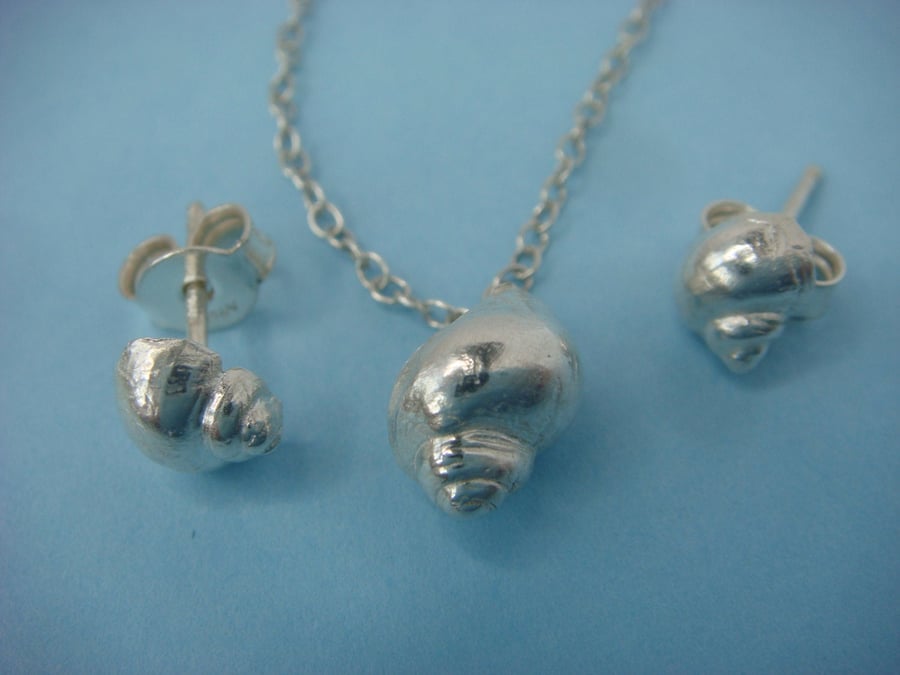 Tiny seashell stud earrings and pendant made from fine silver with a silver trac