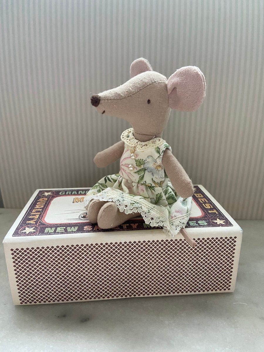 Maileg mouse honeysuckle tea dress made from vintage fabric.