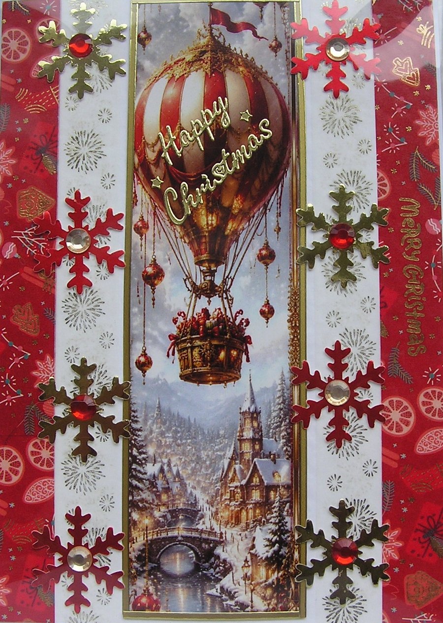 Hand Crafted Decoupage Chistmas Card - Happy Christmas (3397) - Hot Air Balloon