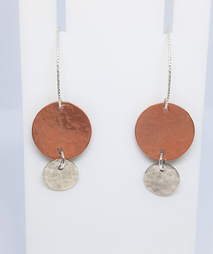 Copper and Sterling Silver Hammered Texture Disc Earrings