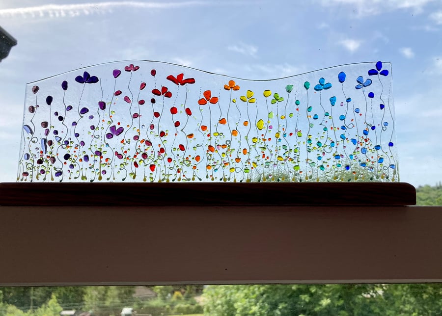 Ditsy Rainbow Flower meadow fused glass Art Picture Sun Catcher & wooden display