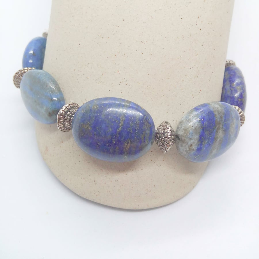 Blue Lapis Lazuli and Silver Bead Stretch Bracelet, Semi Precious Bracelet
