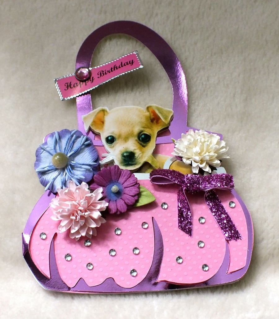 Handmade Cute Birthday Dog-Chihuahua Handbag Card 