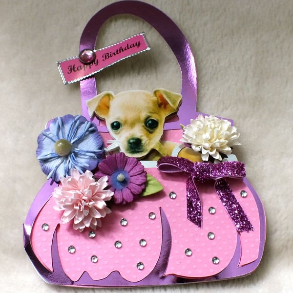 Handmade Cute Birthday Dog-Chihuahua Handbag Card 
