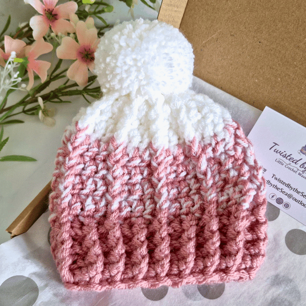 Ombre Crochet Newborn Baby Hat with Pom Pom - Pale Rose & White