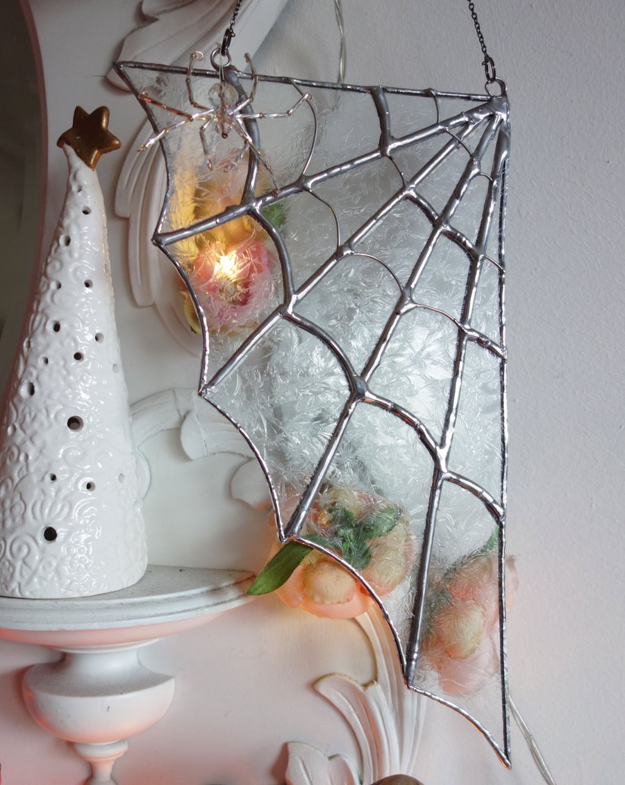 Stained Glass Ice Cobweb with Crystal Spider   Hanging Window Decoration