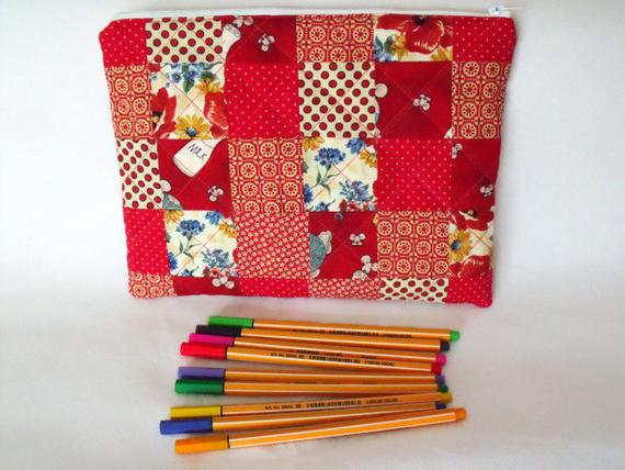 red patchwork zipped make up pouch, pencil case or crochet hook case